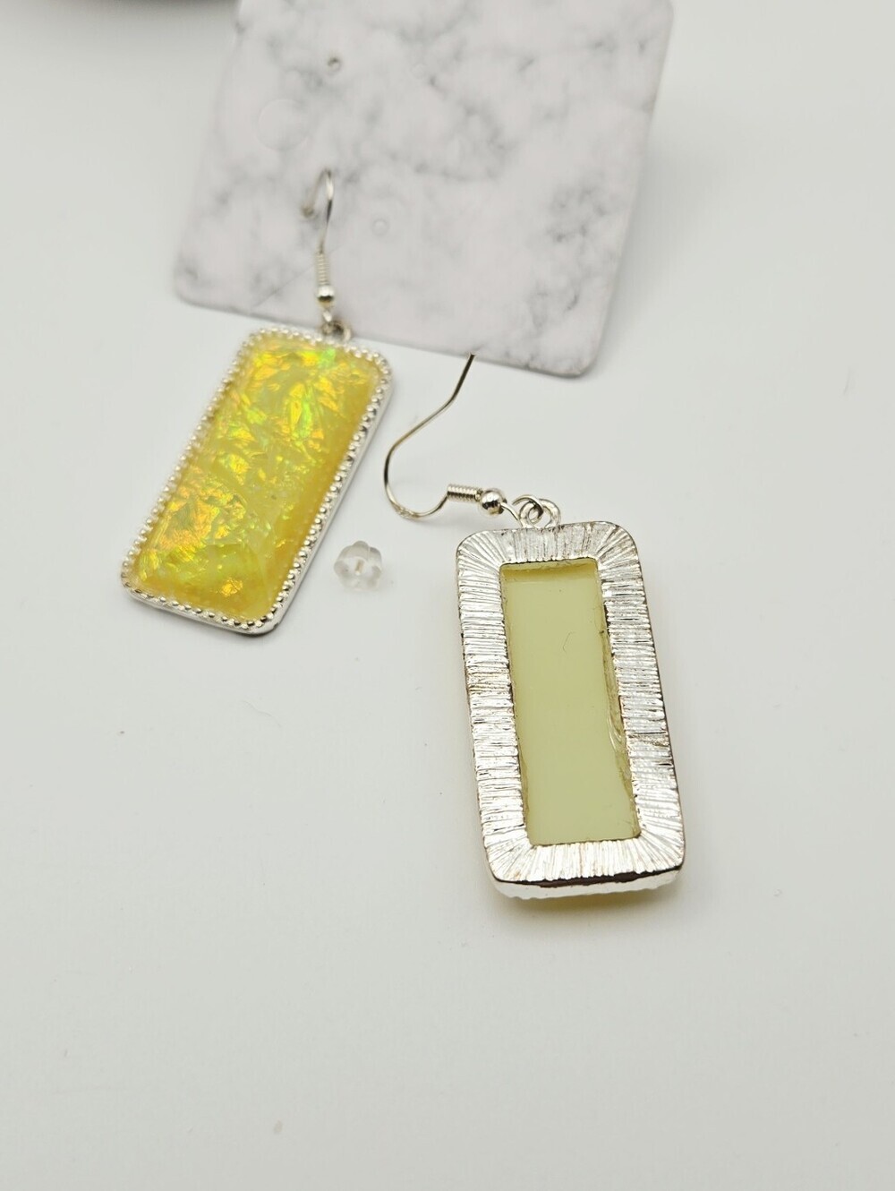 Yellow Iridescent Rectangle Drop Earrings With 925 Stering Hooks - Picture 12 of 14